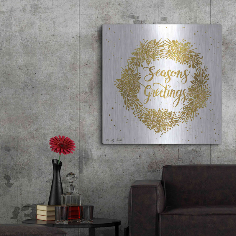 «Seasons Greetings Gold Wreath» par Cindy Jacobs, art mural en métal, H 36 po x l 36 po