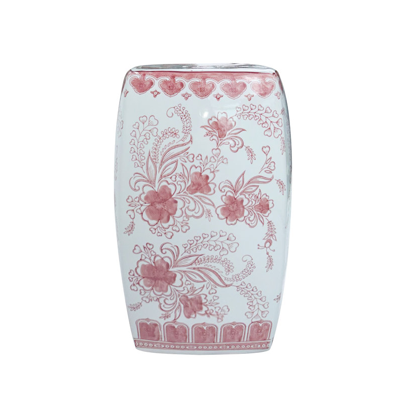Floral patterned square ceramic stool, Pink