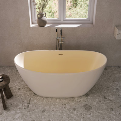 Baignoire de trempage autoportante ovale à surface solide de 61 po., Baignoire de trempage profonde crème mat avec bonde centrale pour salle de bain