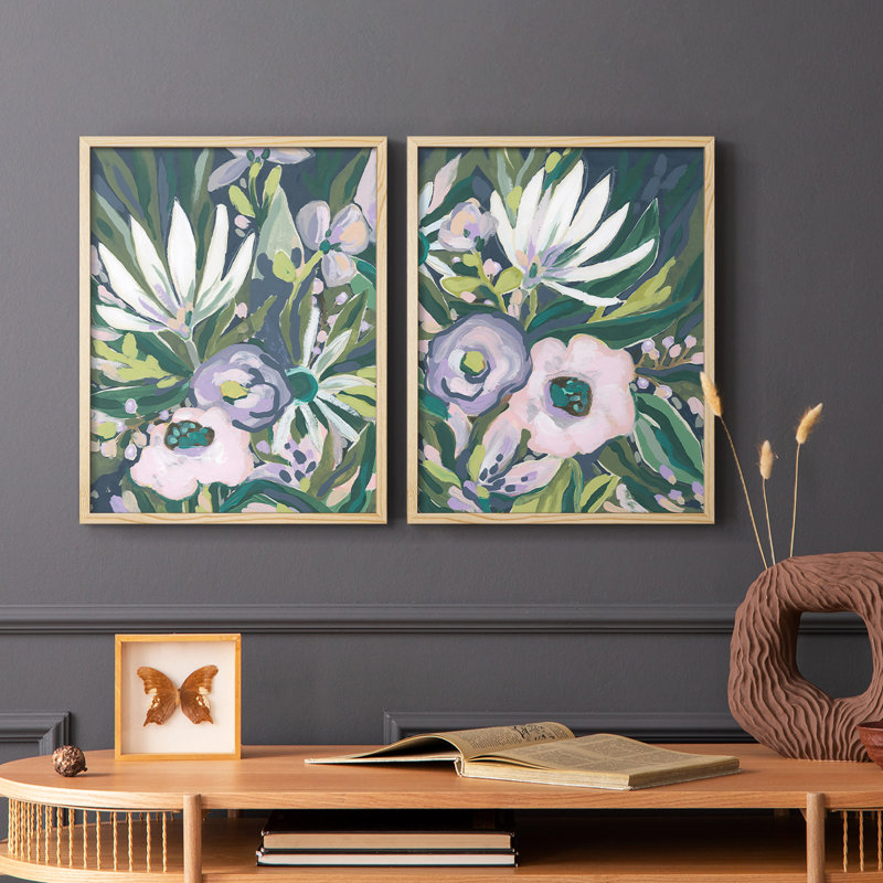 Impression encadrée mauve «Jungle Garden» - prête à être accrochée - aucun clou requis - aucun clou requis, Bois naturel