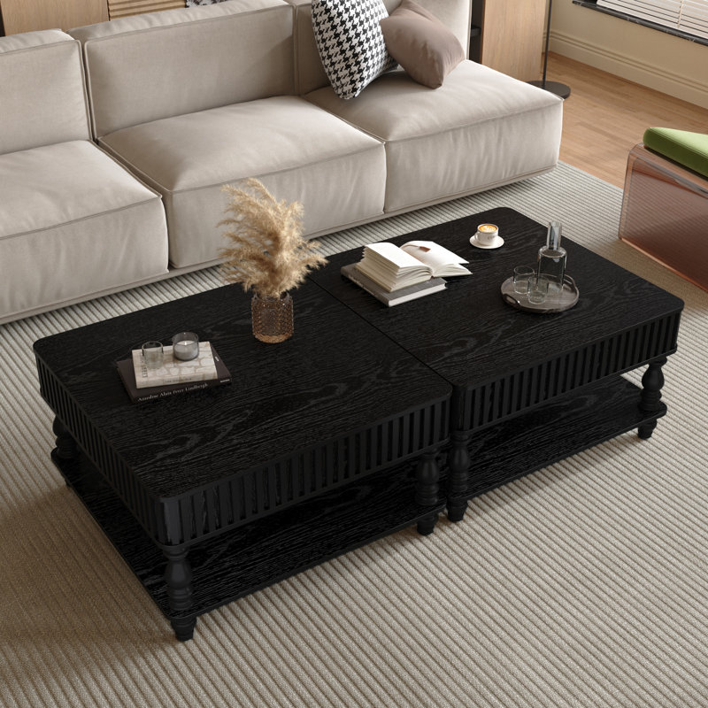 31.5 Inch Square Fluted Lift-Top Coffee Table With Hidden & Open Storage, Hydraulic Raising Mechanism, Retro Solid Wood Legs For Living Room, Sofa (Black)