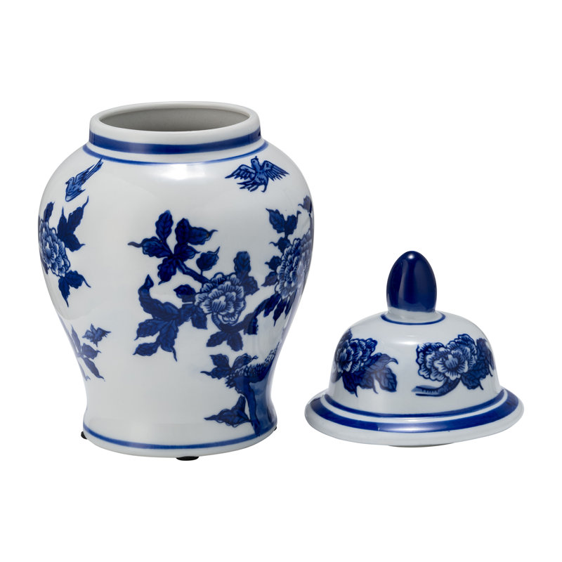 Pot à couvercle en céramique Gherghina Chinoiserie, H 10 po x l 5 po x P 5 po