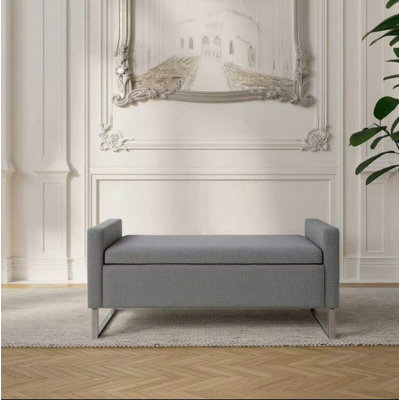 Repose-pieds gris avec rangement de 47 po, banc d'entrée rembourré avec base en métal robuste, sièges de bout de lit multifonctionnels pour la chambre à coucher et le salon