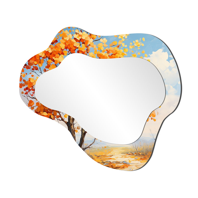 Orange orange Basswood Essence IV - grand miroir mural nuage d'arbre, miroir décoratif asymétrique orange, impression d'art en métal