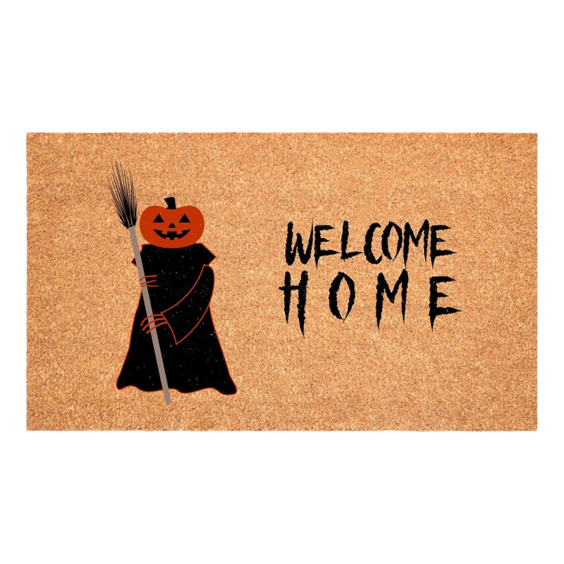 Tapis de porte extérieur en fibre de coco naturelle et brune, motif Halloween, 43 x 74 cm (17 x 29 pouces).