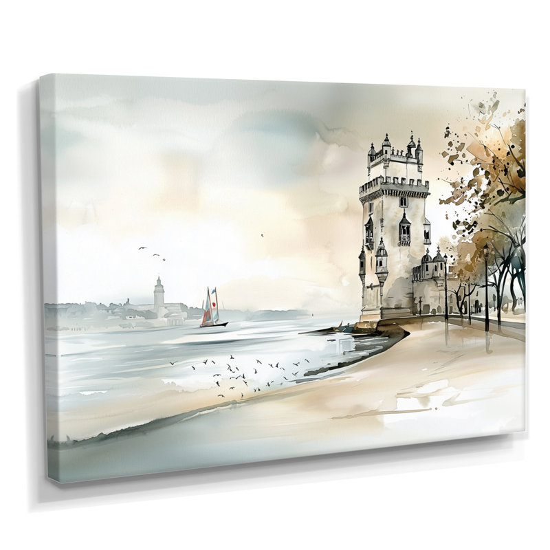 Belm Tower In Portugal - Portugal, art mural pour le salon, H 24 po x l 32 po, Toile tendue