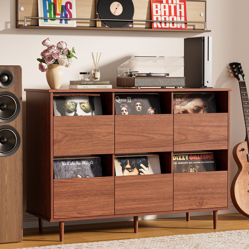 Mid-Century Record Player Stand with Vinyl Storage, Large Media Cabinet with Drawers for Living Room