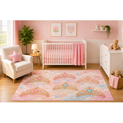 Tapis princesse 5 pi x 7 pi «Ultra Léger» pour chambre d'enfant, cœurs de couronne pastel élégants et nuages décoratifs pour chambre de bébé, envers en silicone antidérapant