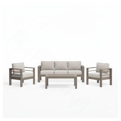All-Weather 4-Piece Modern Metal Patio Furniture Set,  5-Seat Conversation Sofa With Thick Beige Cushions & Khaki Frame And Coffee Table