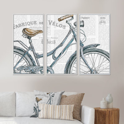 «Paris France Bicyclcles III», reproduction de cadre flottant 3 pièces sur toile