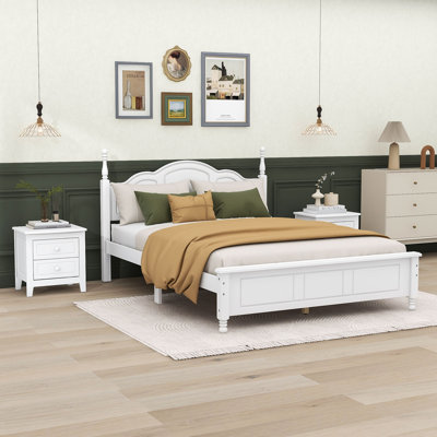 Ensemble de chambre à coucher 3 pièces, lit plateforme en bois et deux tables de chevet avec 2 tiroirs