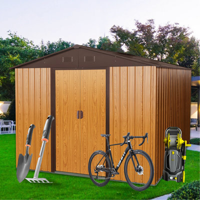 Remise extérieure en métal de 8 pi x 10 pi de couleur café - construction en acier galvanisé, évents intégrés perforés, porte coulissante cadenassable, rangement simple avec base de fondation, cadres en fer pour