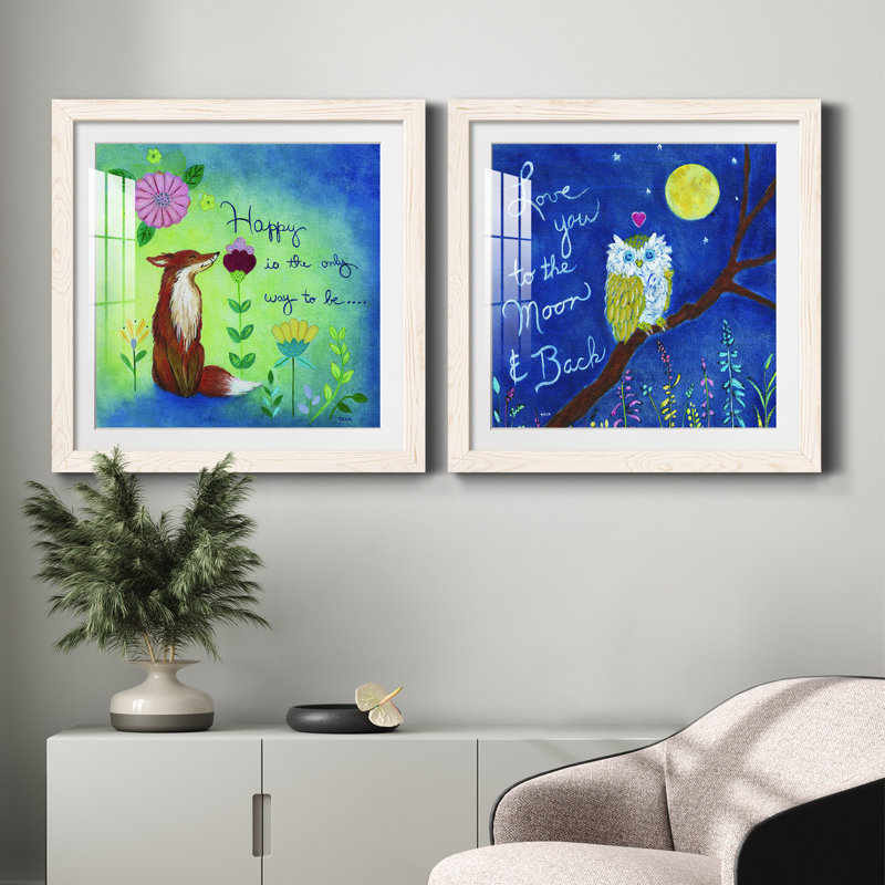 Happy Fox - ensemble de 2 peintures encadrées, H 31,5 po x l 63 po x P 1,5 po, Cadre blanc