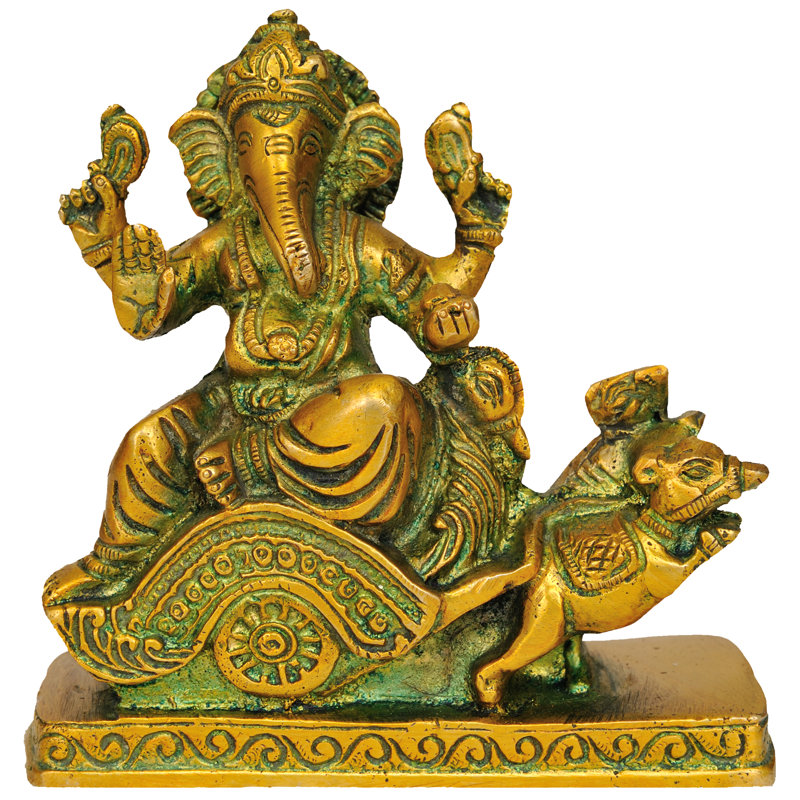 Ganesha en laiton fait à la main chevauchant une souris - miniature de divinité indienne de 4 pouces, sculpture en laiton poli, maison, bureau, décoration de bon augure