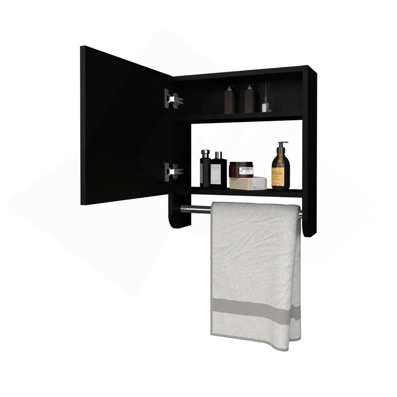 Pine Medicine Cabinet In Melamine With A Towel Bar And Included Mirror, Black, Black