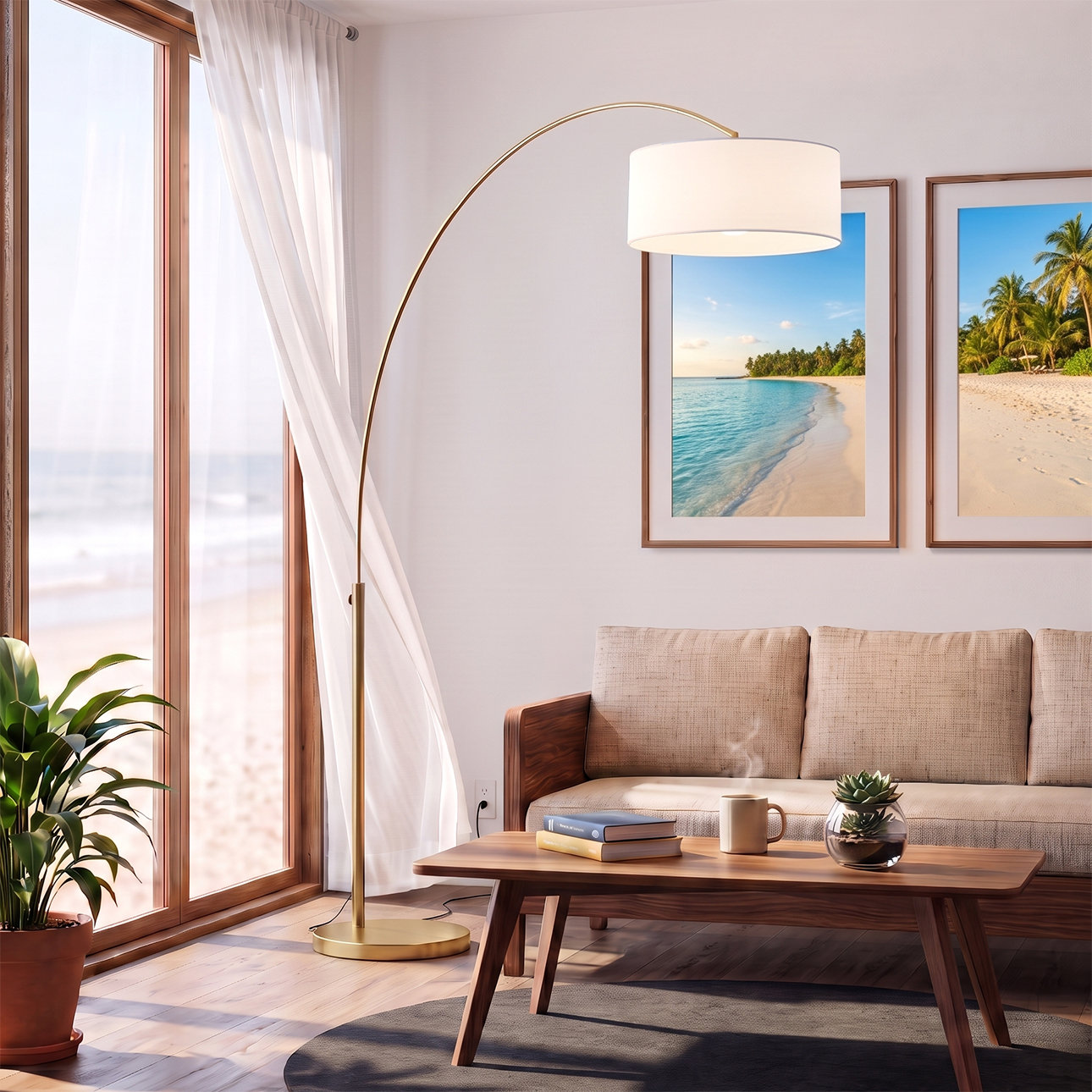 Float 92" Arc Lamp - Weathered Brass Steel, Weathered Brass Steel Base, Linen Shade, Dimmable, Bulb Included, White