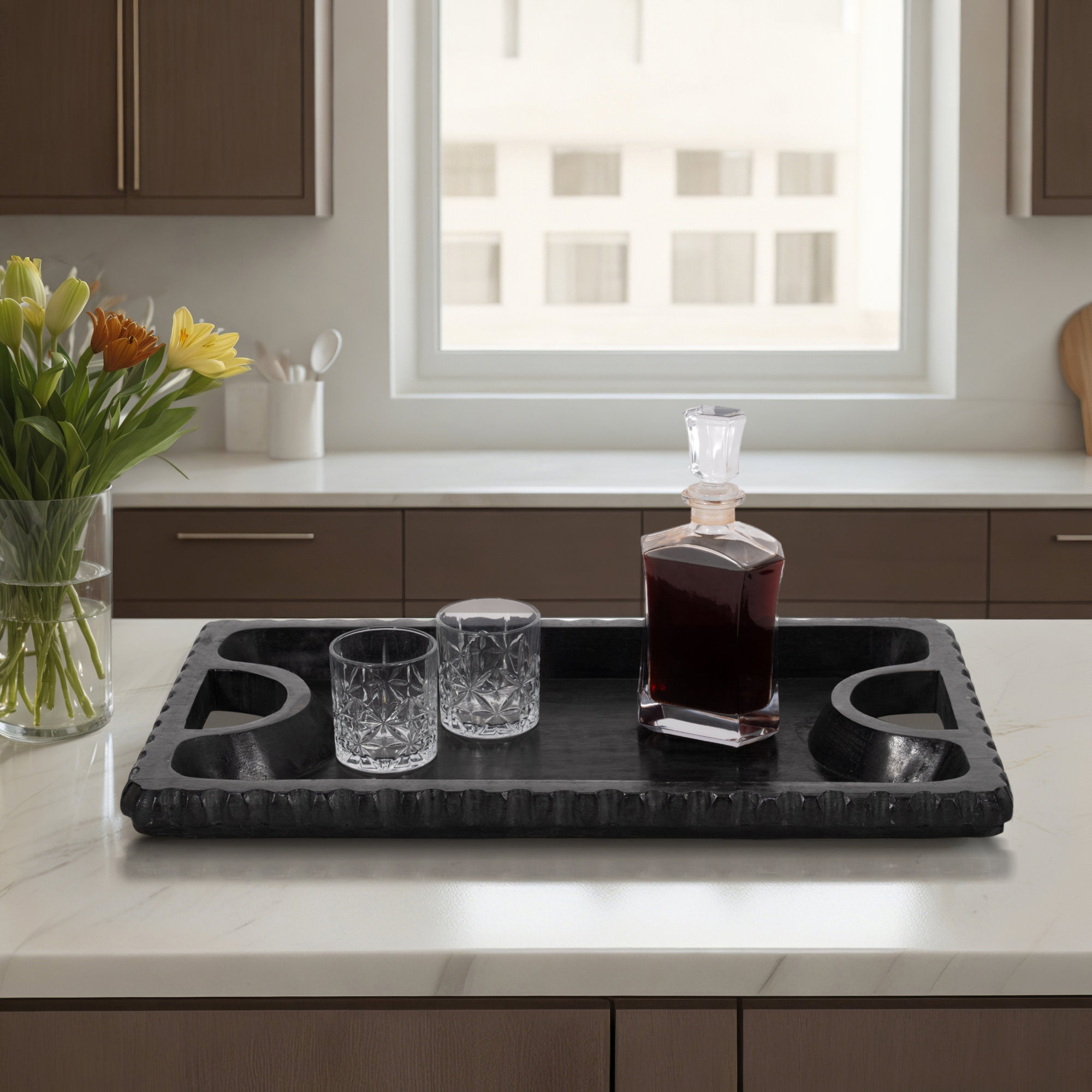 Sagebrook Home Colbin Wooden Scalloped Edge Tray, Black