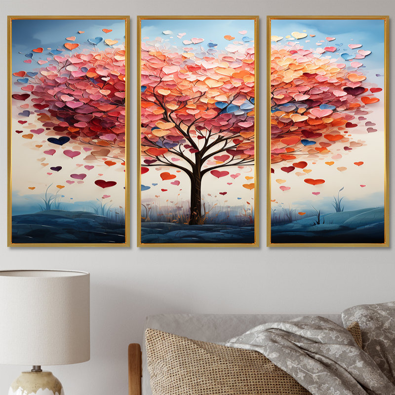 «Blossoming Pink Heart Tree», ensemble de décorations murales, Cadre flottant doré, H 32 po x l 48 po x P 1 po