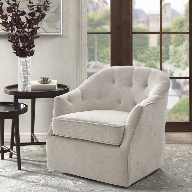 Fauteuil demi-tonneau pivotant capitonné en velours Arcanum, Velours naturel
