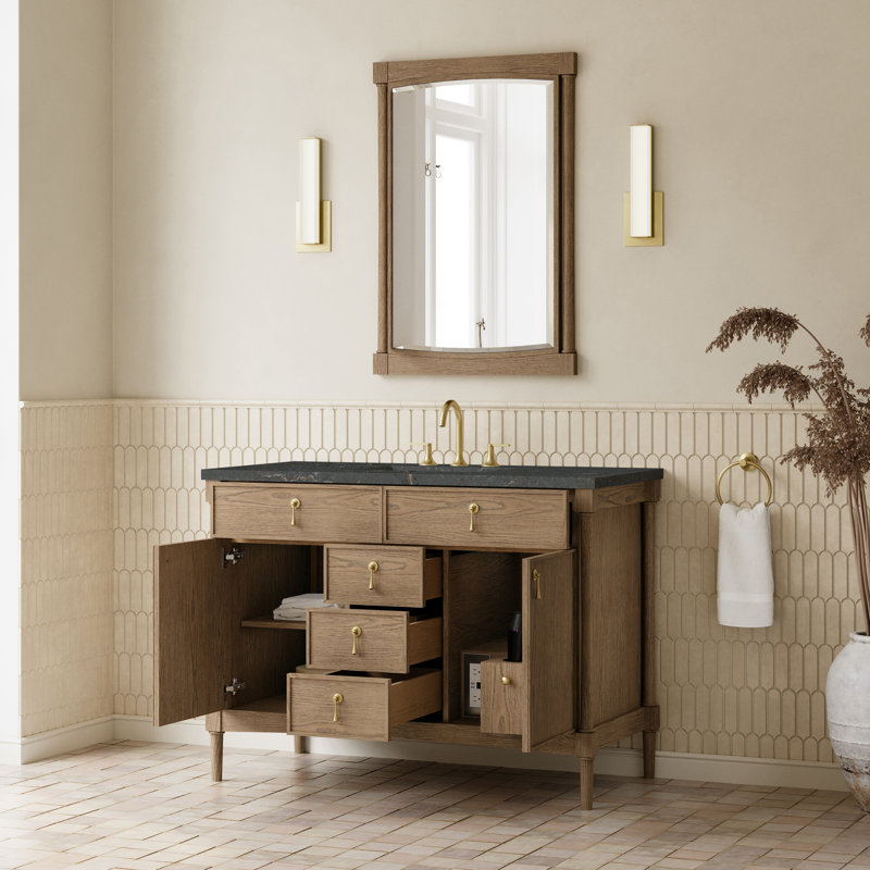 Kinnsden 48" W Single Vanity, Parisien Bleu Silestone, 8" Widespread, Weathered Oak