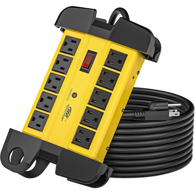 CRST 10 Outlets Metal Power Strip Heavy Duty Surge Protector 2800 Joules with 15FT Long Extension Cord for Workshop Office Garage Kitchen, ETL Listed