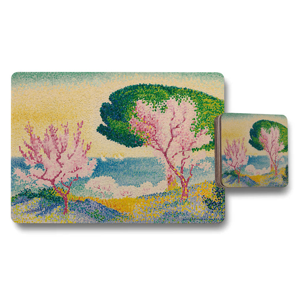 Scenic Landscape Placemat And Coaster Set With Colorful Trees Artwork