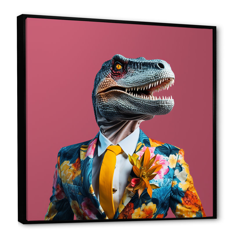 Habillage de dinosaure jaune et rose à la mode - art de mur de dinosaure, Cadre flottant noir, 16" H x 16" W