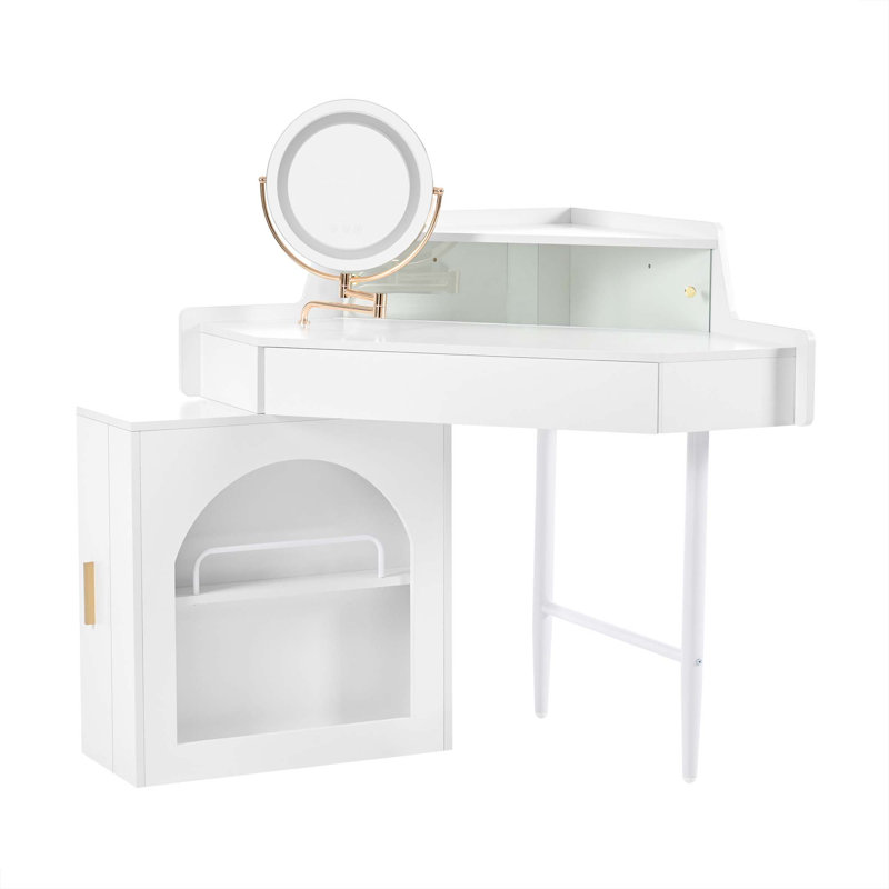 Corner Makeup Vanity Desk With Adjustable Folding Mirror, 3-color Led Lighting, Adequate Storage And Stool, White