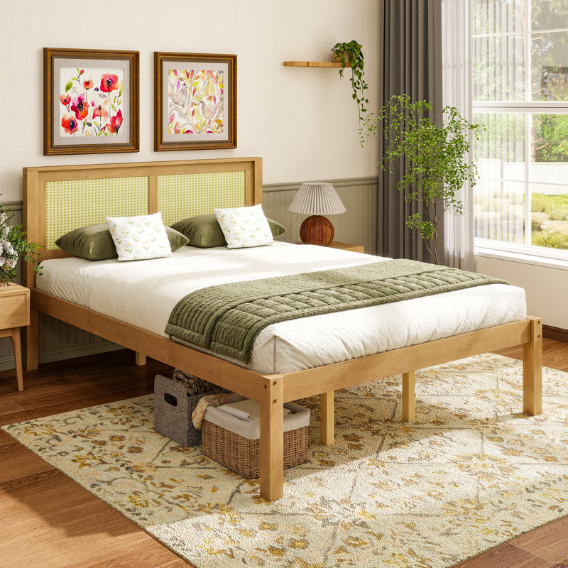 Grand lit plateforme en bois massif avec tête de lit en rotin, cadre de lit Boho de style campagnard, rangement sous le lit, aucun sommier tapissier requis, bois naturel