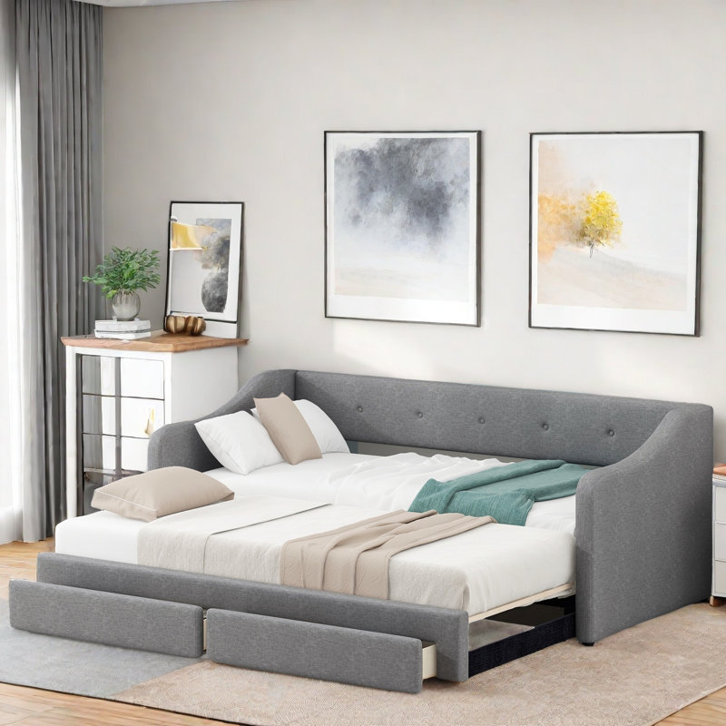 Twin Xl To King Size Upholstered Daybed With Two Drawers, Gray