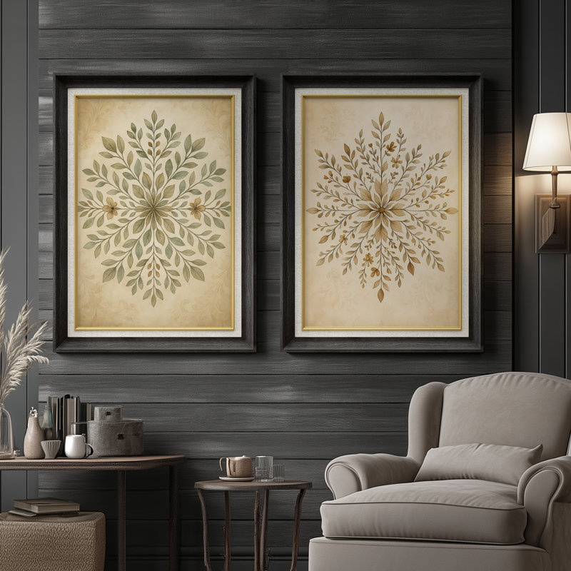 «Vintage Botanical Mandala Floral Symmetry», ensemble de 2 reproductions d'art encadrées sur papier 26 po x 36 po, Noir