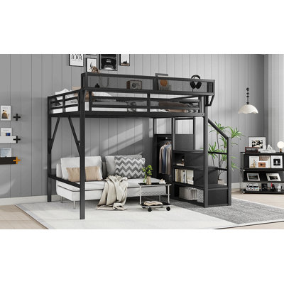 Queen Size Loft Bed With Stairs, Metal Queen Loft Bed With Storage Shelves, High Loft Bed With Wardrobe For Kids Teens Adults, Black
