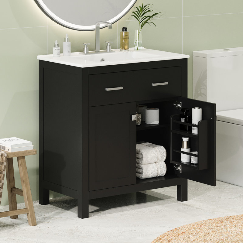 Meuble-lavabo moderne de 30 po, noir avec lavabo en céramique et armoire à 2 portes, maximise l'espace avec lavabo fonctionnel, tablette spacieuse pour l'esthétique