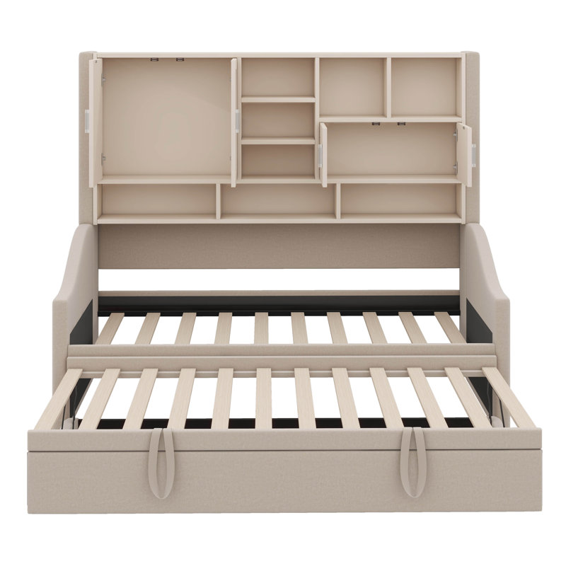 Lit de jour simple avec revêtement, comprend un lit gigogne relevable, Beige