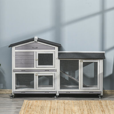 Rabbit Hutch Bunny Cage Outdoor 2-Tier with Wheels & Tray Grey