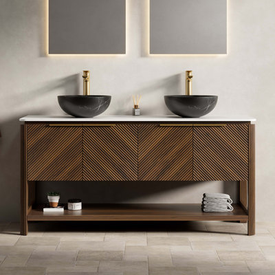 Freestanding 60-Inch Bathroom Vanity With Sintered Stone Top, Dual Vessel Sinks, Plywood Cabinet, Diagonal Doors, And Soft-Close Storage.