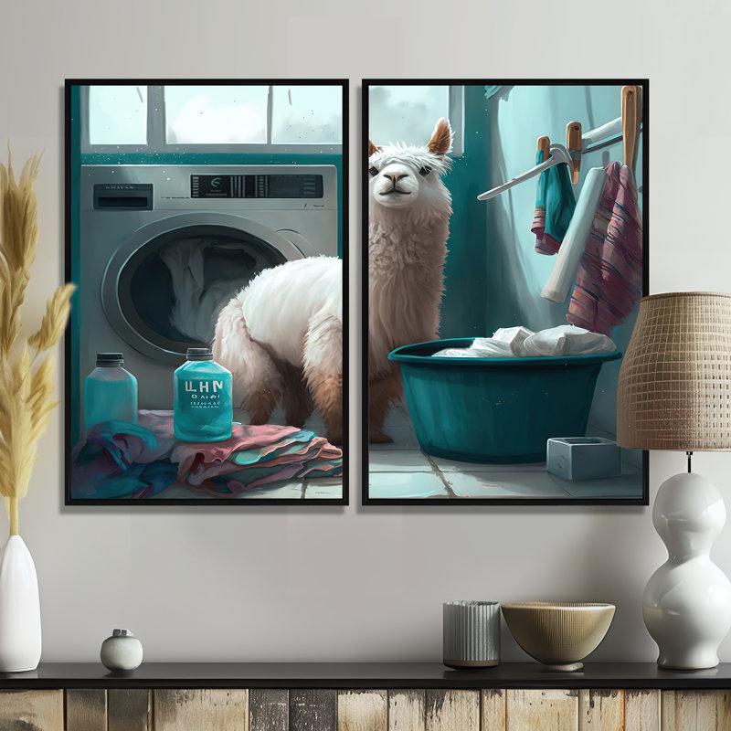 Drôle de lama dans la lessive II - Art mural moderne 2 pièces, 36" H x 48" W, Impression encadrée flottante, Black