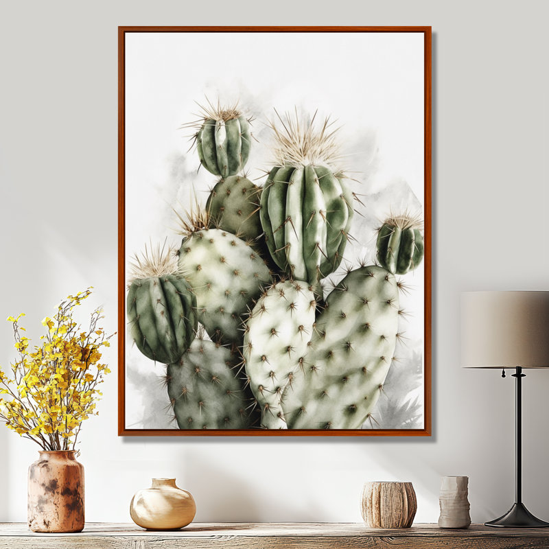 «Lincoln Desert Green Flower Cactus» sur toile, H 40 po x l 30 po, Cadre flottant brun