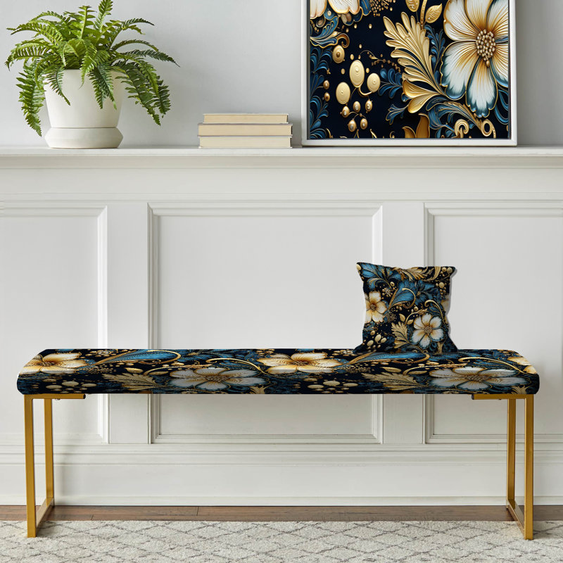 Upholstered Gold Bench, Gilded Splendor Paisley Pattern