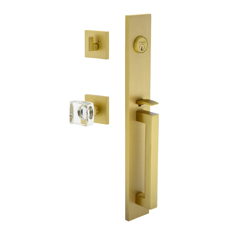 Viaggio Quadrato One-Piece Handleset With D Grip And Quadrato Rosette With Quadrato Crystal Knob, 2.375", Satin Brass
