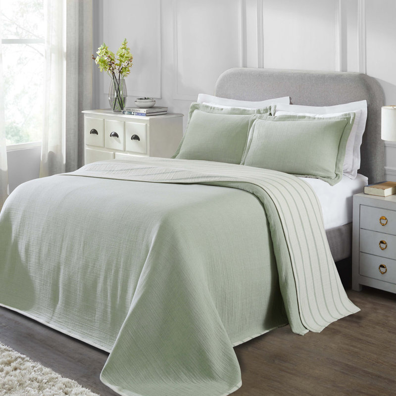 Acacia Valencia Cotton Reversible Medium Weight Matelasse Bedspread And Sham Set, Sage Striped