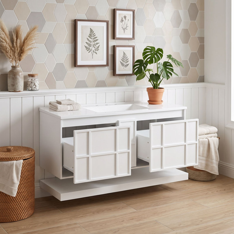 Meuble-lavabo mural avec lavabo composite, 2 grands tiroirs sans poignées et tablette inférieure ouverte