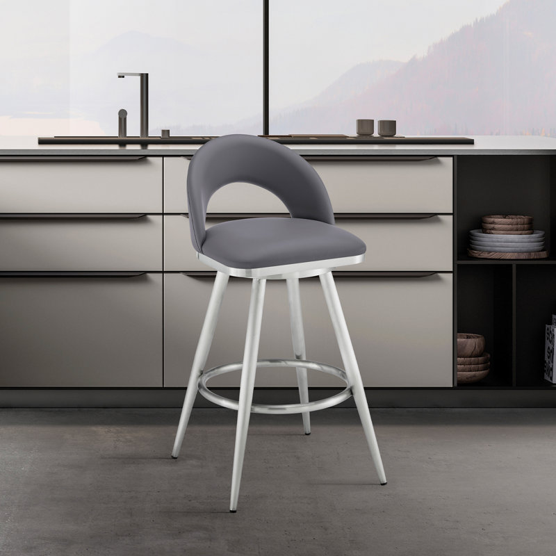 Blaydon Swivel Upholstered Counter Stool with Metal Frame, Gray Seat/ Brushed Stainless Steel Frame