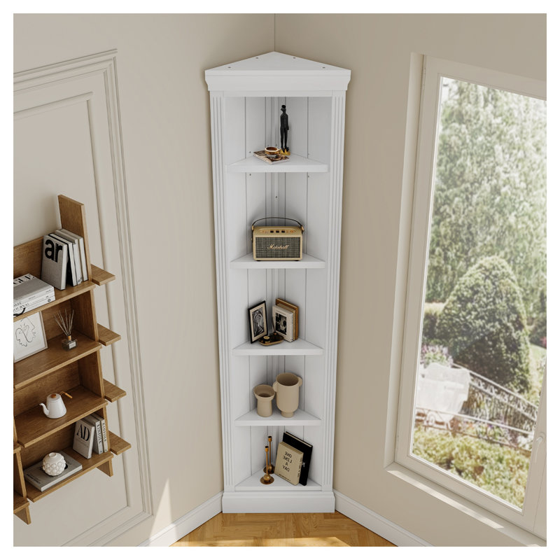 Étagère d'angle moderne de 212 cm de haut, bibliothèque ouverte à 5 niveaux et support à plantes, idéale pour le salon ou le bureau, blanche.