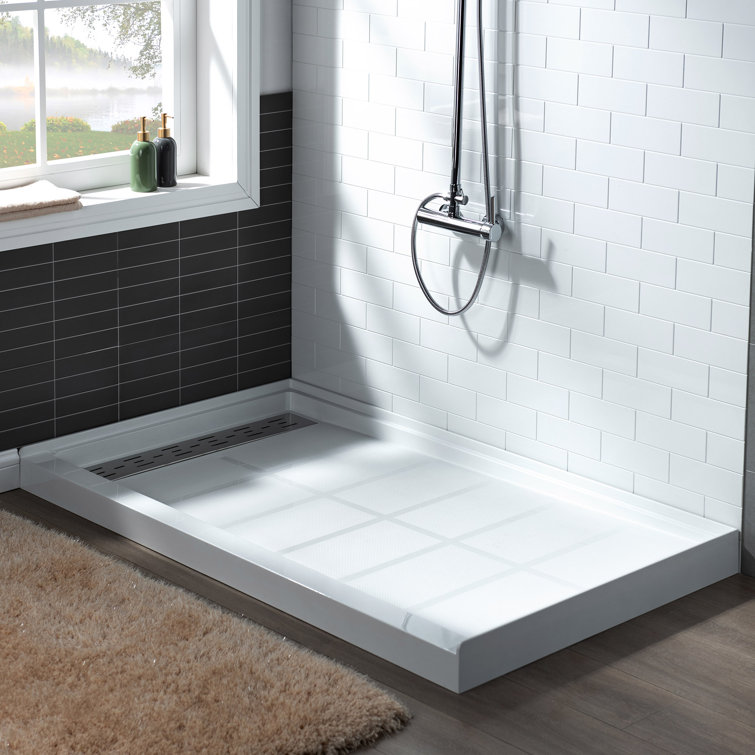 48" W x 32" D Solid Surface Single Threshold Shower Pan Base with Drain Assembly & Drain Cover Included, Non-Slip