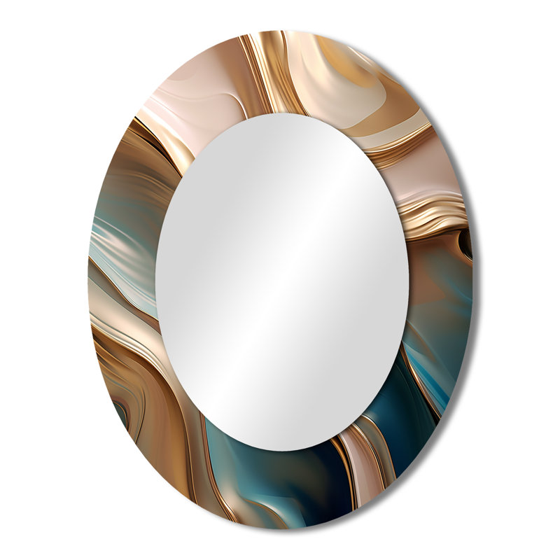 Tender Wave Harmony Liquid Gold And Turquoise I - Abstract Oval Decorative Mirror On Metal, 43" x 33"
