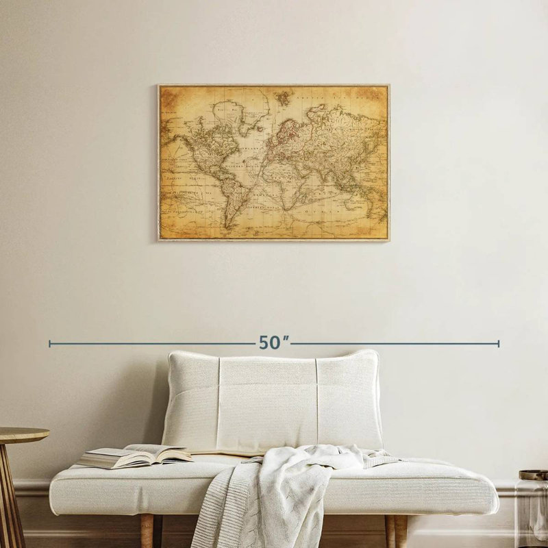 Carte du monde de l'Ancien siècle, 31 po x 21 po, Cadre flottant en bois naturel