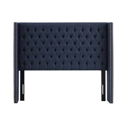 Tête de lit tapissier pour grand lit avec capitonnage transitionnel, garniture cloutée double, bleu marine, pieds réglables en métal noir, structure en bois pour grand lit, décor, bleu marine, outil inclus