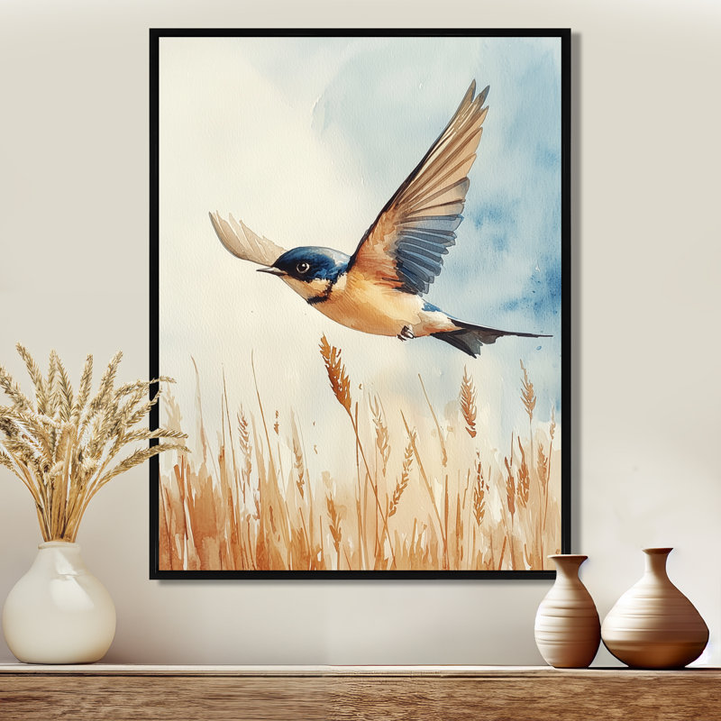 Bird Swallow Over The Fields I - Bird Framed Prints, Black, Floater Framed Print, 20" H x 12" W
