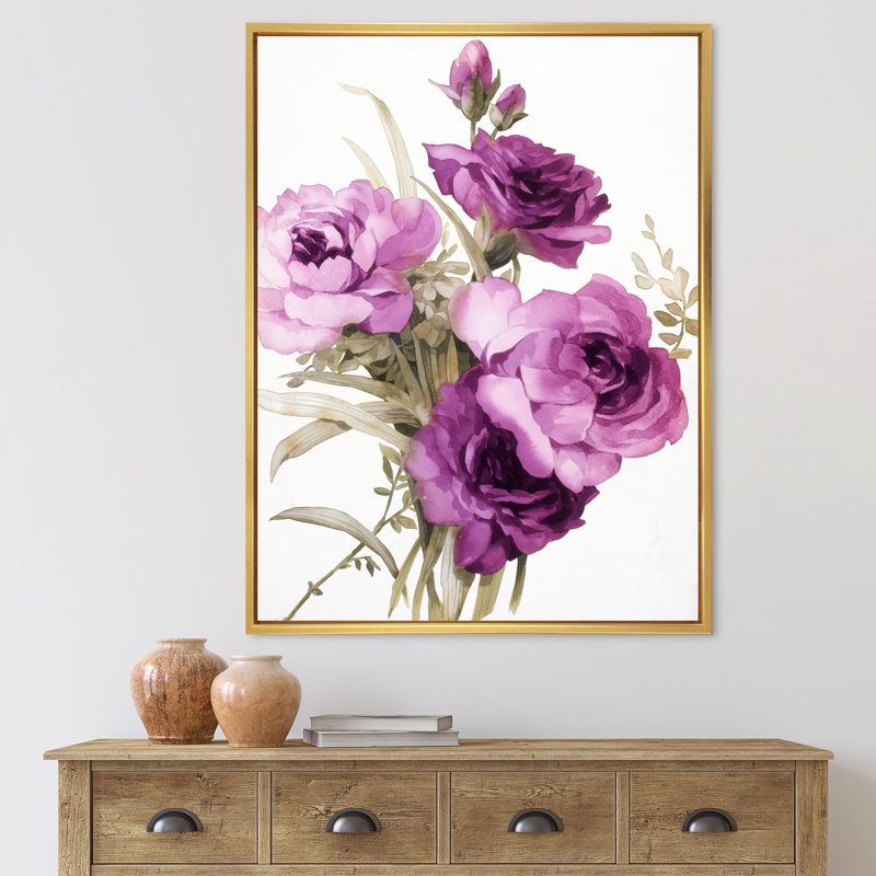 Dark Pink Roses - peinture sur toile, H 32 po x l 24 po x P 1 po, Cadre flottant doré